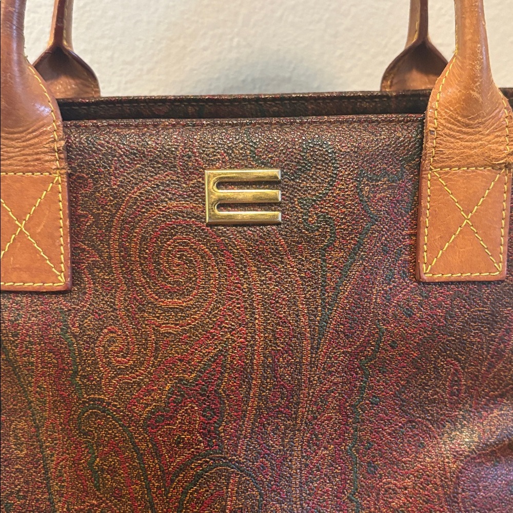 [Etro] Paisley Medium Leather Top Handle Tote Bag Handbag Purse, Brown/Red - Picture 3 of 13